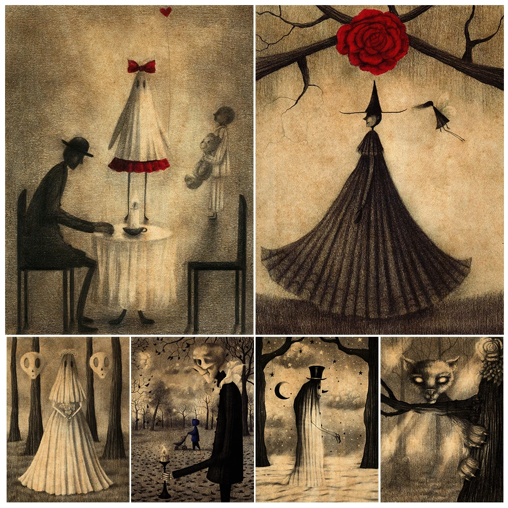 Spooky And Witch Gothic Vintage Wall Art Canvas Painting Creepy Cute Ghost Surreal Ghost Graphite Drawing Art Poster Print Decor