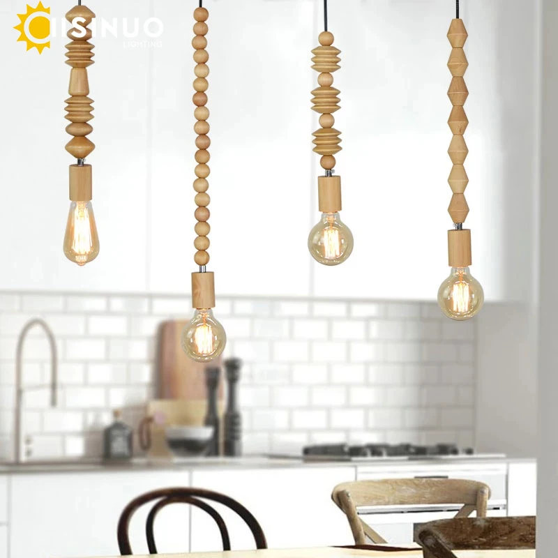 

Industrial Pendant Lighting Nature Oak Wooden Geometric Beads Pendant Light Fixtures Adjustable Hanging String Droplight Lights