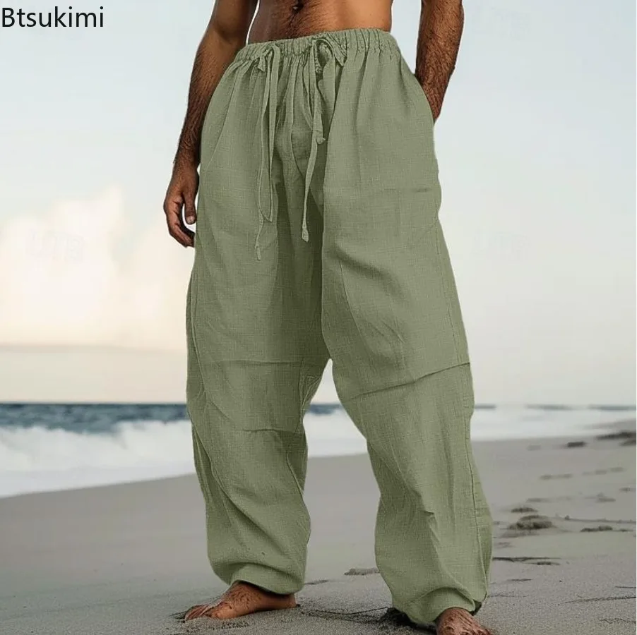 New Men's Cotton Linen Loose Casual Trousers Simple Comfortable Drawstring Pocket Straight Pants Outdoor Beach Sport Pants Male