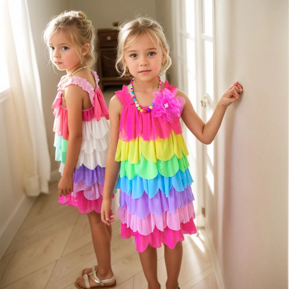 Girls Dress Rianbow Color Dress For Kids Girl Sleeveless Children Dresses Summer Costumes For Girls 6 8 10 12 14