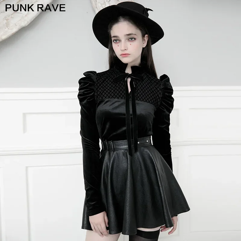 

PUNK RAVE Women's Gothic Falbala Collar Velvet Bow Blouses Fashion Playful Long Sleeve Soft Cute Shirt Tops