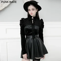 PUNK RAVE Women's Gothic Falbala Collar Velvet Bow Blouses Fashion Playful Long Sleeve Soft Cute Shirt Tops