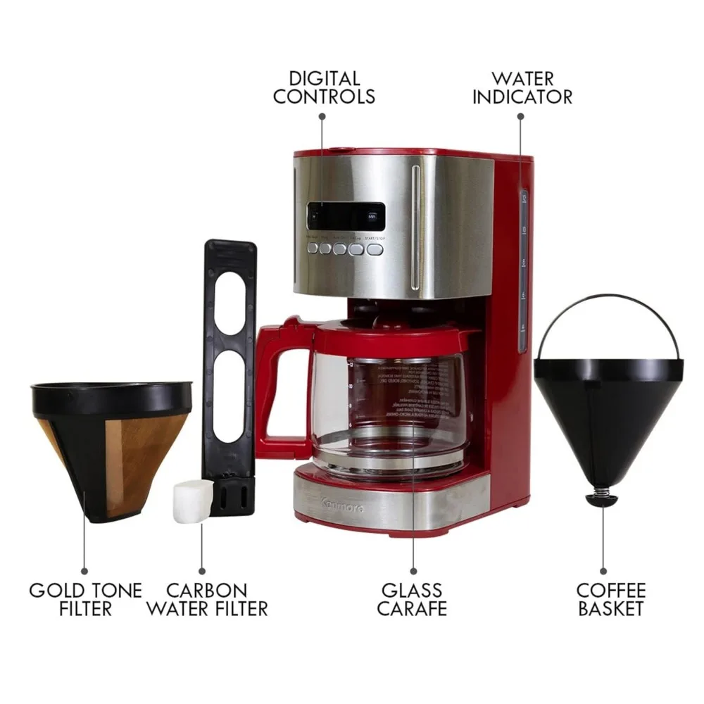 Control 12-cup Programmable Coffee Maker, Red and Stainless Steel Drip Coffee Machine, Glass Carafe, Reusable Filter,