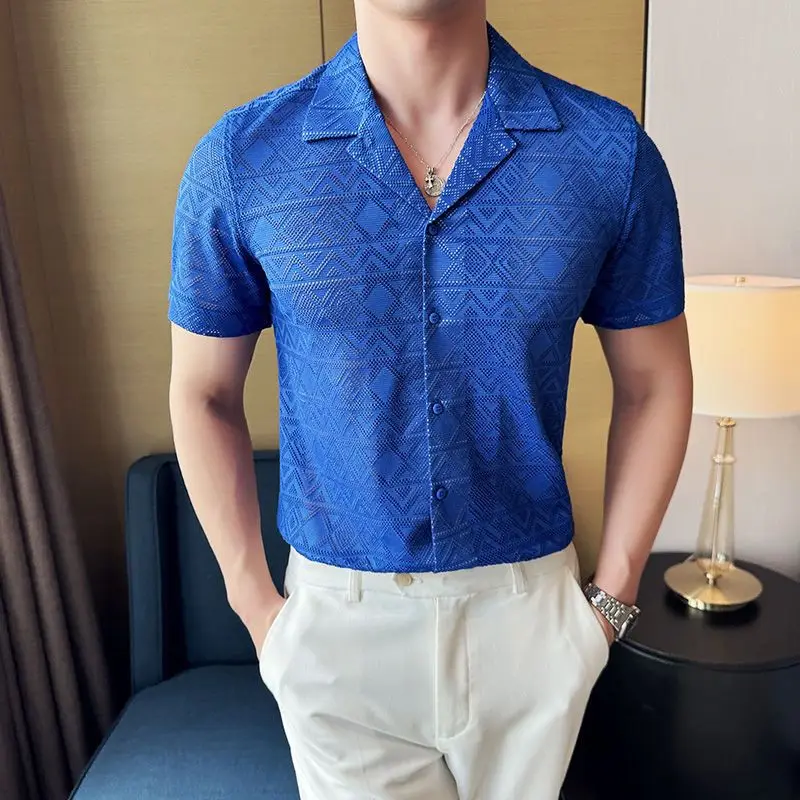 Hollow Thin Small Fragrance-style Shirt Cuban Collar Short Sleeve Korean Style Slim and Fashionable Floral Shirt
