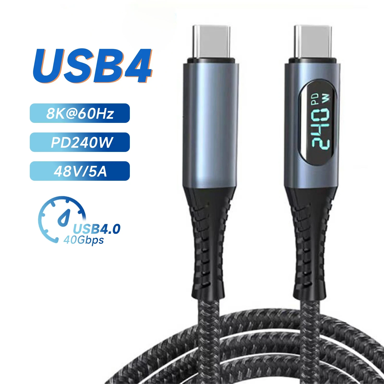 USB Display Cable for Thunderbolt 4 40Gbps Type C to C Cable PD 240W 48V 5A Fast Charging Cable 8K@60Hz for MacBook Laptop