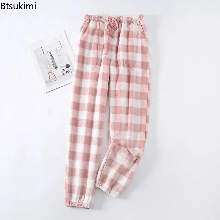 2024 Women\'s Warm Pajama Trousers Autumn Winter Coral Fleece Thick Plaid Warm Pants Men\'s Flannel Home Pants Loose Lounge Wear