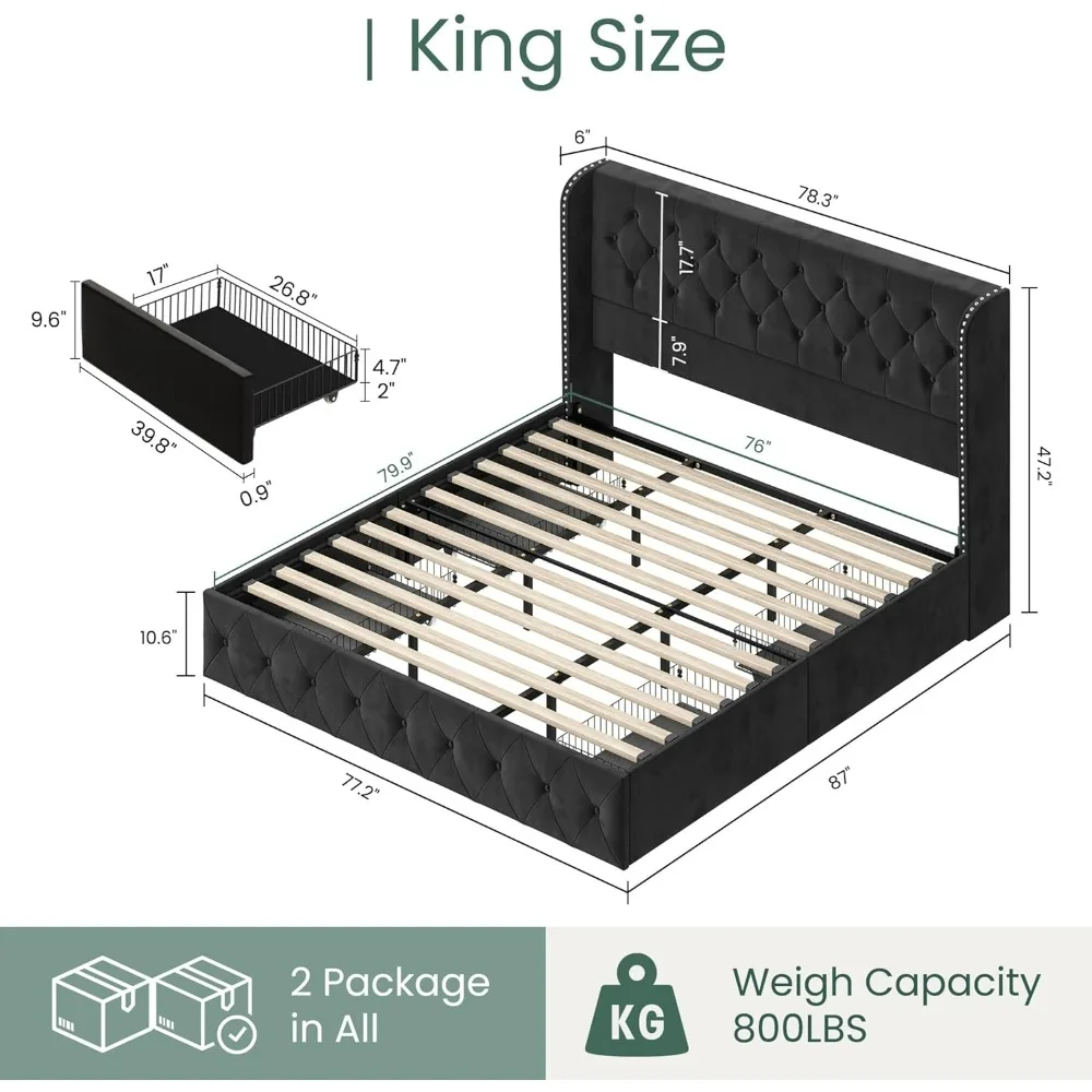 King Size Bed Frame with 4 Storage Drawers and Tufted Headboard Velvet Upholstered Platform Bed Frame Wingback Beds