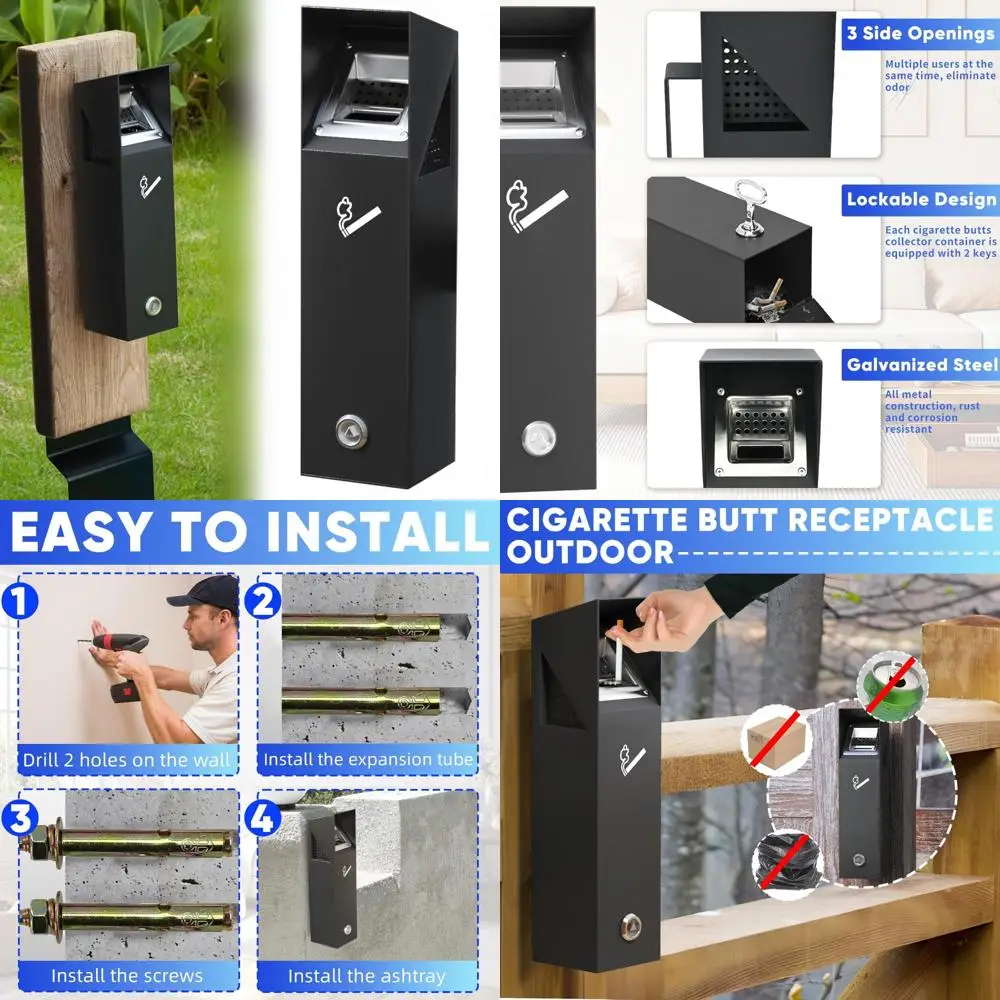 

Outdoor Wall-Mounted Trash Can, Easy Cleaning, Black Metal Bin for Patios, Restaurants, Hotels, and Pub Clubs