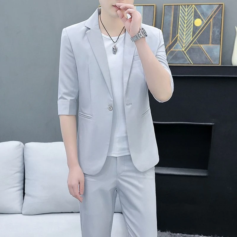

Men's Summer Short Sleeve Blazer Slim Fit Lightweight Casual Suit Jacket Korean Style Solid Color Breathable Business Coat