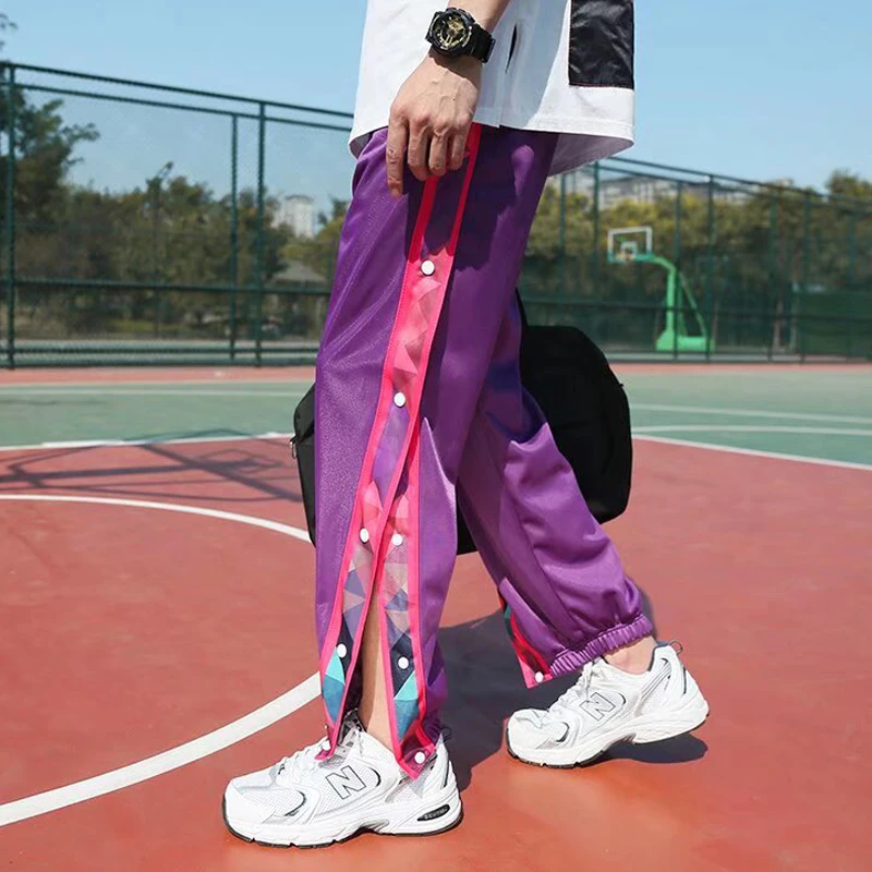 Sweat Pants Custom Side Panel Button Open Elastic Bottom Men Loose Fit Basketball Stacked Joggers Trousers