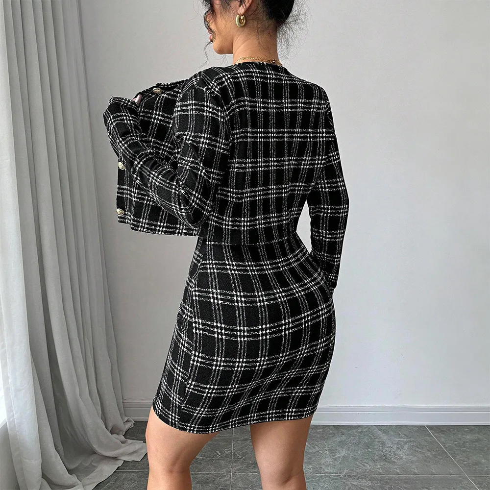 New Black and White Plaid Small Fragrant Set, Waist and Thin Celebrity Temperament Spice Girl Style Two-piece Set