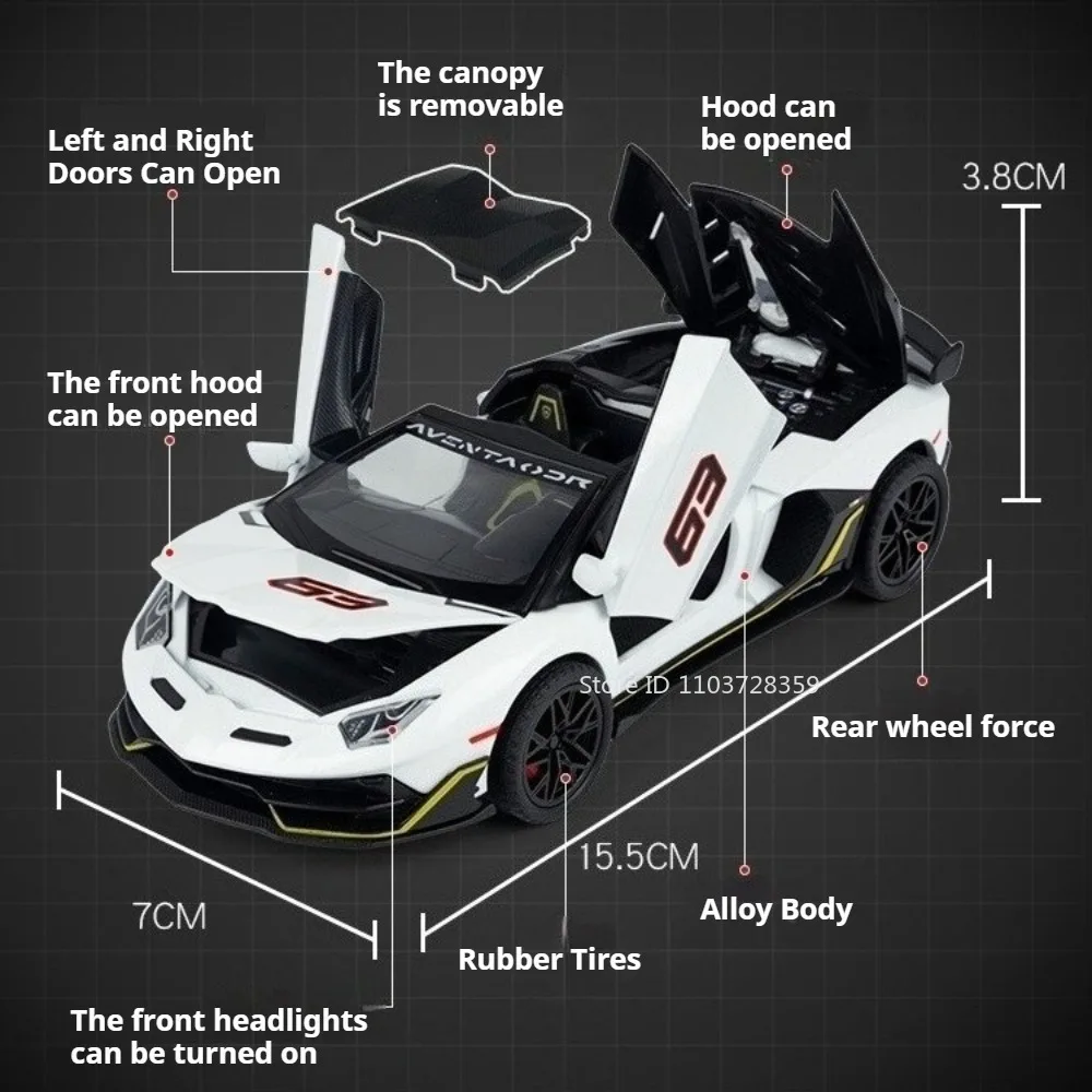 Modèle de voiture de sport SVJ63 Sian, échelle 1:32, jouets en alliage moulé sous pression, son et lumière, portes ouvertes, pneus en caoutchouc, Collection de supercars