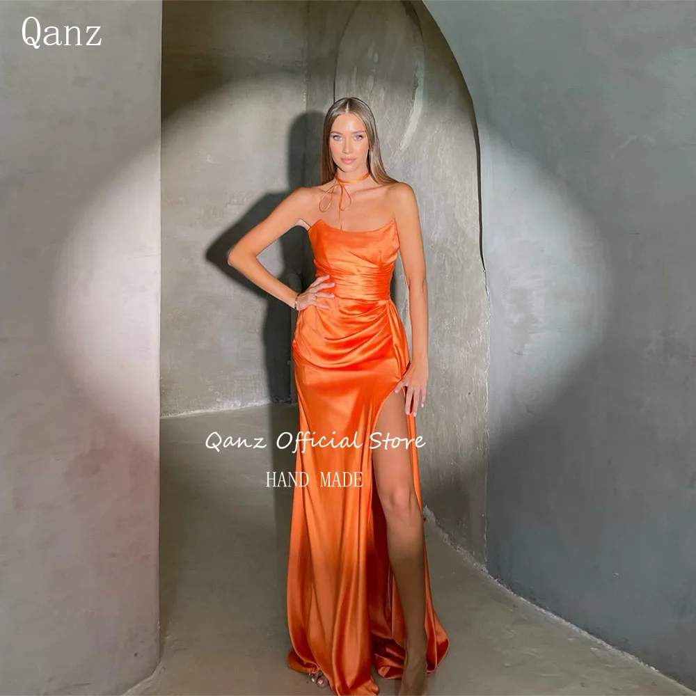 

Qanz Orange Satin Abend Kleider 2025 High Slit Mermaid Pleat Sexy Evening Dress Woman Lace Up Back Robes De Soirée Customized