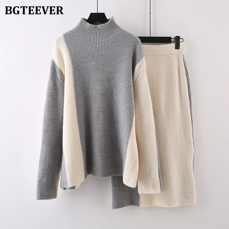 BGTEEVER Stylish Patchwork Sweater Set Women Turtleneck Pullovers Ladies Straight Skirts Winter Warm Knitted Outfits Women