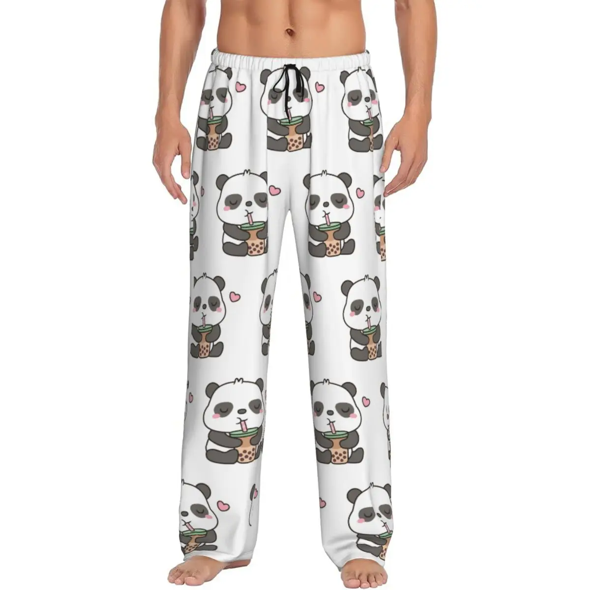 Custom Cute Little Panda Enjoying Boba T Pajama Pants Men Sleepwear Sleep Lounge Bottoms with Pockets