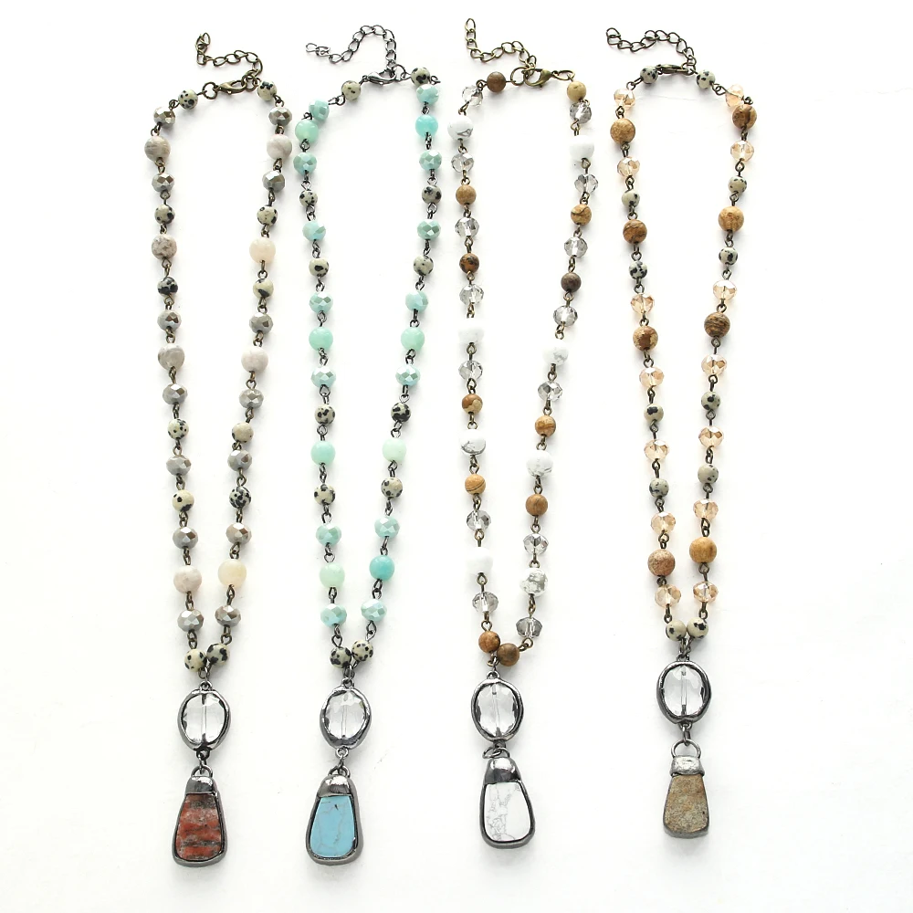 Fashion Jewelry Natural Stone & Glass Crystal Chain Stone Pendant Choker Necklaces For Women Ethnic Necklace