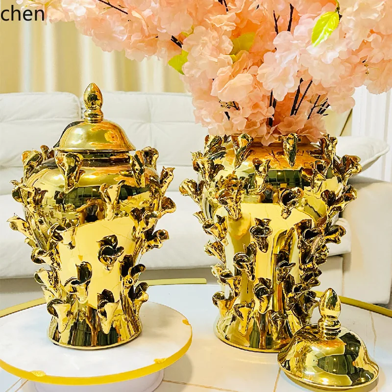 Hxl handcrafted pinched floral electroplated gold ceramic general jar - floral arrangement display