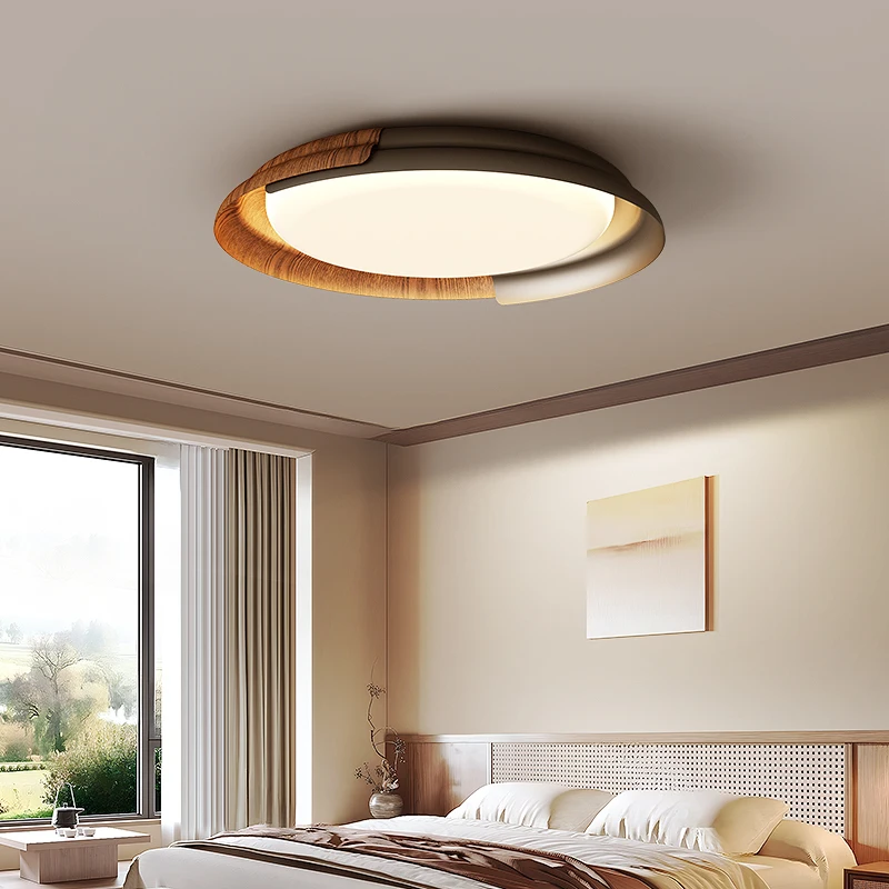 Wabi-sabi Style Bedroom Led Ceiling Lamp Middle-aged Walnut Color Full-spectrum Eye Protection Simple Round Study Room Lamps