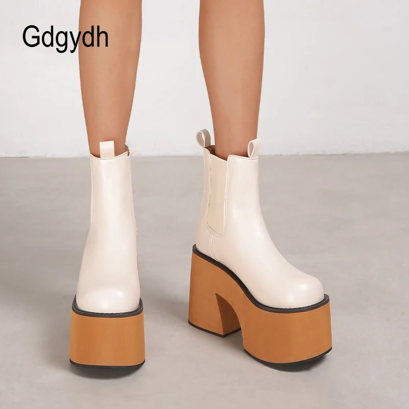 Gdgydh Minimalist Slip On Platform Chelsea Boots Chunky Heeled Boots for Women Faux Leather Brown Strech Comfy Ankle Booties