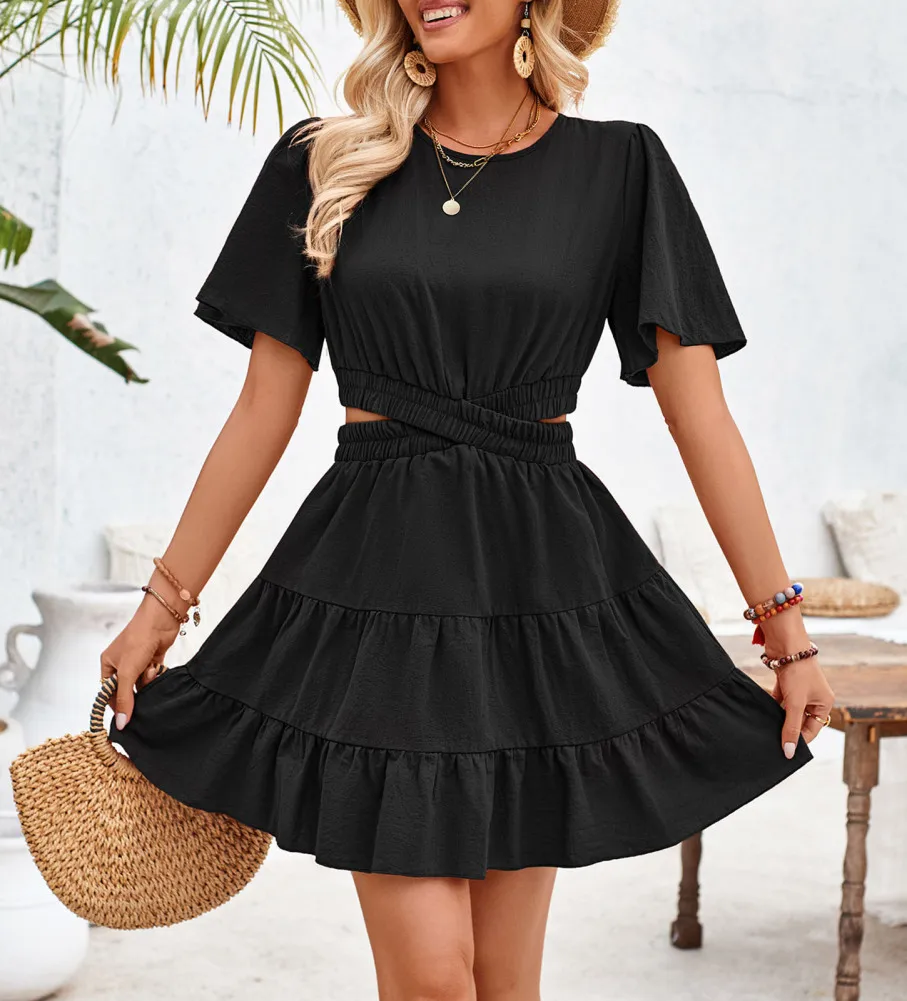 

Women Summer Crew Neck Dress Solid Color Short Sleeves Cross Elastic Waist Casual Party Mini Dress