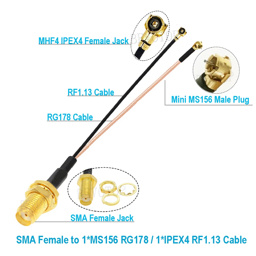 100PCS/lot RP-SMA / SMA Female to 1x Mini MS156 Male +1x IPEX4 MHF4 Female RG178 RF1.13 Cable Antenna Extension Jumper Pigtail