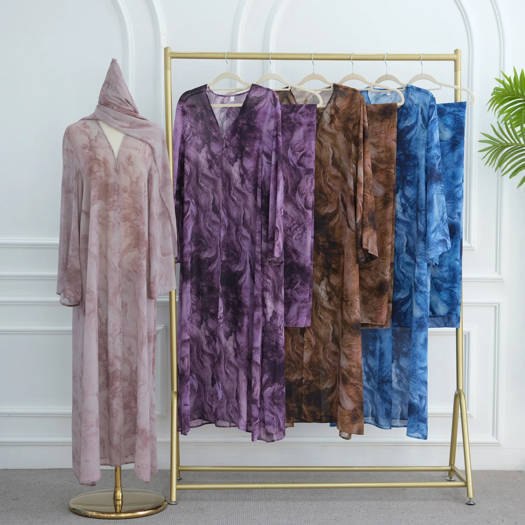 

Summer Sheer Marbel Print Dubai Abaya with Shawl Hijab Scarf, One Snap Button Front Muslim Women Islamic Clothing Kimono Abaya