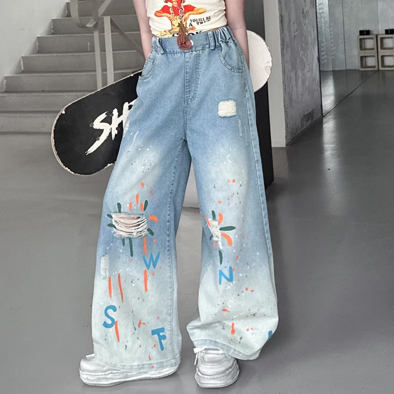 Girls High-Waisted Ripped & Painted Straight-Leg Jeans Summer Style Loose Fit Fashionable Wide-Leg Floor-Length Hole Fashion