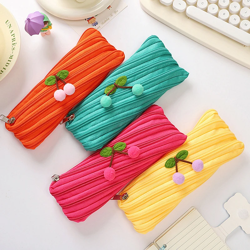 Cute Girl Multicolor Cherry Pencil Case Large Capacity Zipper Nylon Pencil Case Student Stationery Multifunction Storage Pen Bag