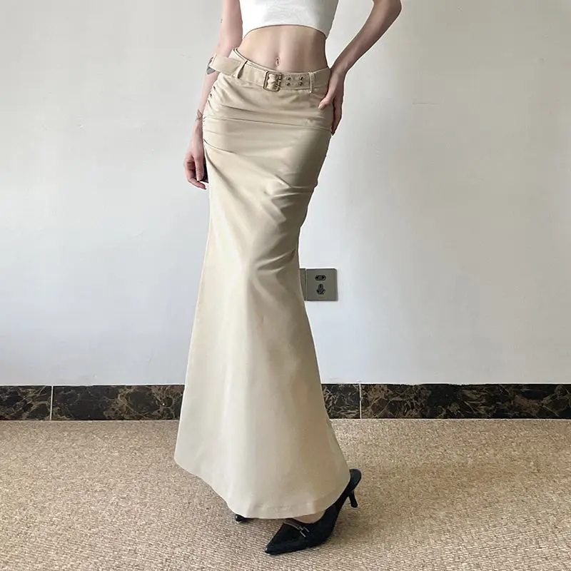 

Rapcopter American Basic Waistband Pleated Workwear Half Skirt Low Waist Slim Fit and Slimming Spicy Girl Fish Tail Long Skirt