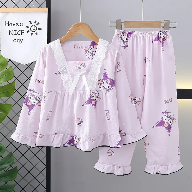 

Anime Kuromi Girls' Sleepwear Cotton Sweet Long Sleeve Home Clothes Thin cartoon cute spring and autumn fashion casual baby set