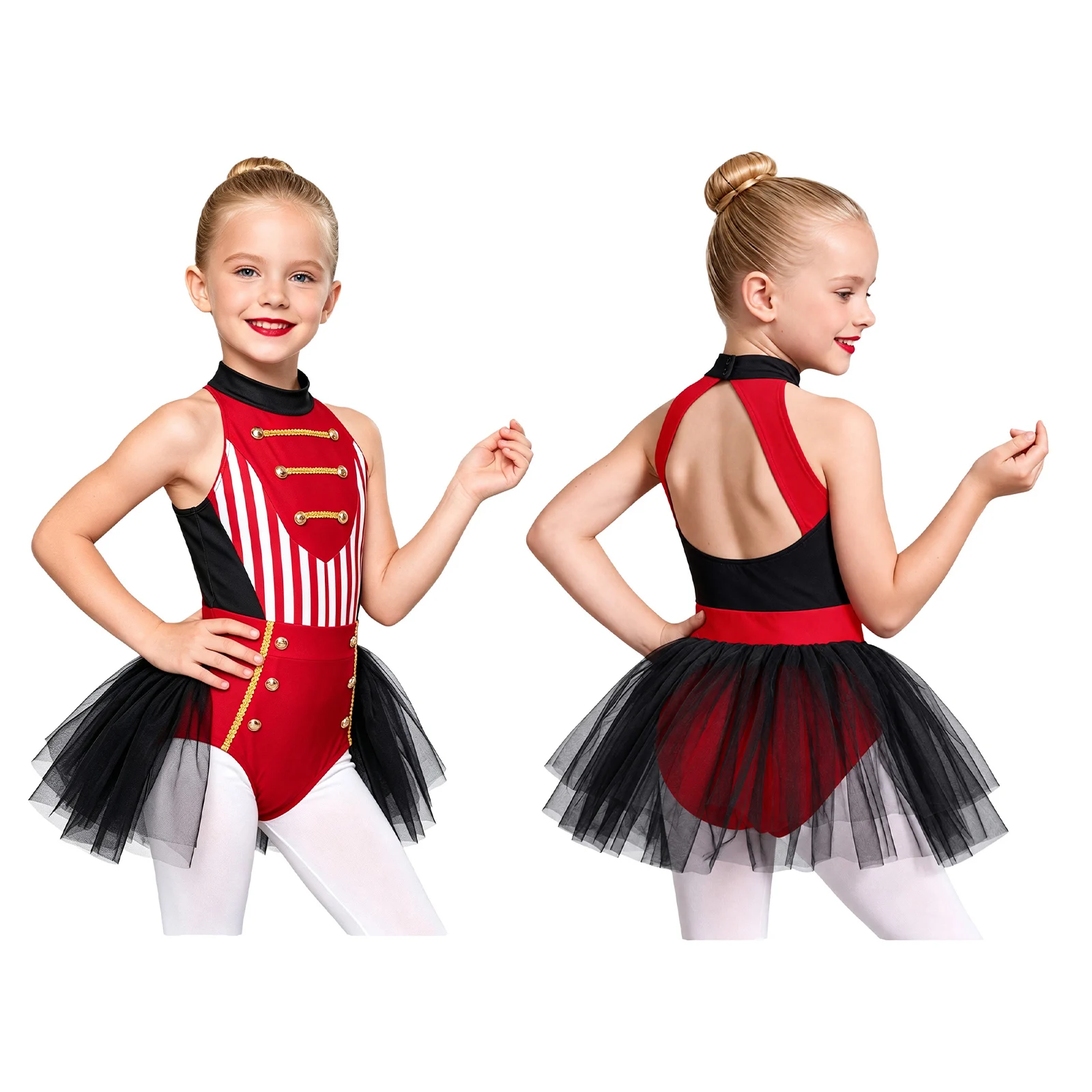 Disfraz de maestra de circo para niñas, con espalda descubierta, detalles dorados y falda de tul, ideal para Halloween, fiestas, espectáculos y presentaciones en el escenario.