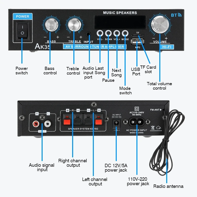 bluetooth Home Digital Amplifiers Audio Bass Audio Power Amplifier Hifi FM Auto Music Subwoofer Speakers USB SD Mic Input AK45
