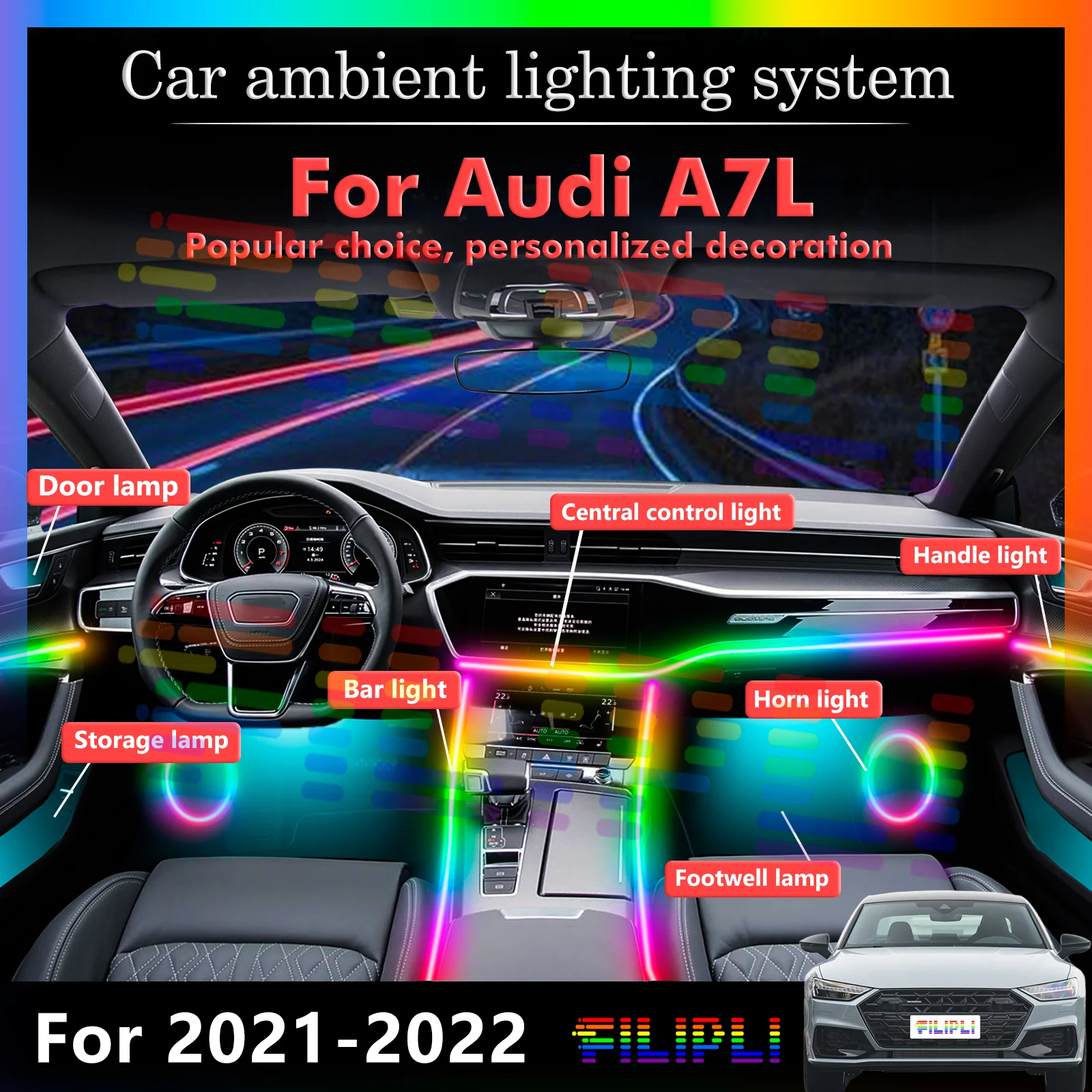 

6-в-1 светодиодные лампы для Audi A7L серии 4G8, цветная атмосферная подсветка, неоновые полосы для интерьера автомобиля, 64 RGB-цвета, 12В, управление через приложение.