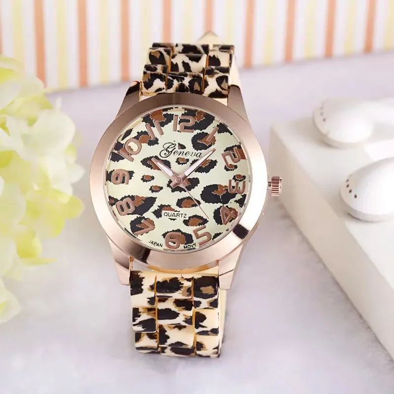 Geneva-Reloj de silicona con estampado de leopardo para estudiantes, cronógrafo informal de moda, de cuarzo, de Color, 2024