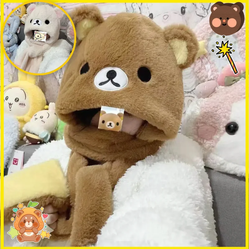 Neue Rilakkuma Winter Drei-Stück Set Hut Schal Handschuhe Integrierte Kapuze Wärme Kälte Widerstand Radfahren Bär Schwester Hut Spielzeug