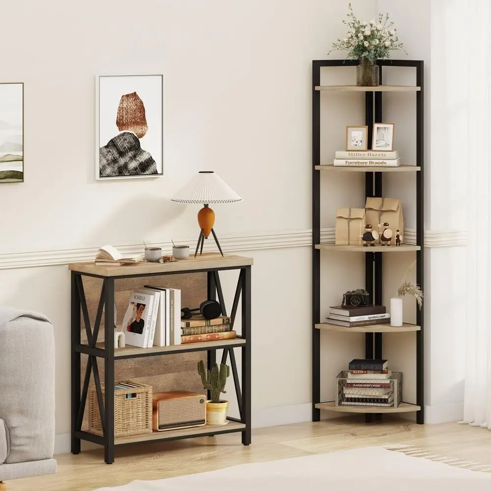 رف زاوية خشبي ومعدني على الطراز الصناعي - لمسة نهائية من خشب البلوط الريفي لعرض غرفة المعيشة والمكتب المنزلي #6