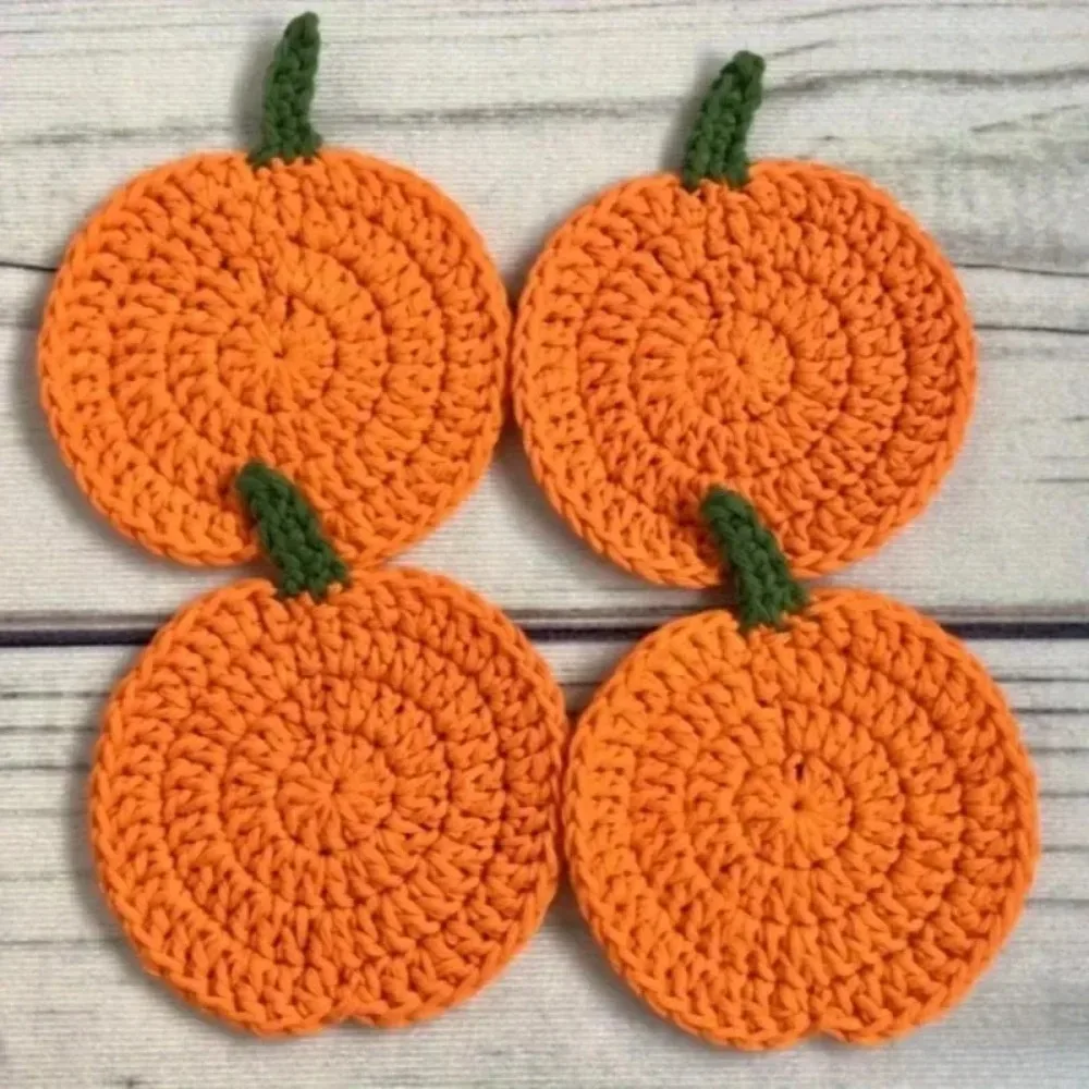 4PCS Halloween Fall Crochet Pumpkin Coasters Handmade Yarn Drink Mats Kitchen Dining Tableware Heat Resistant Decor Gift Coaster