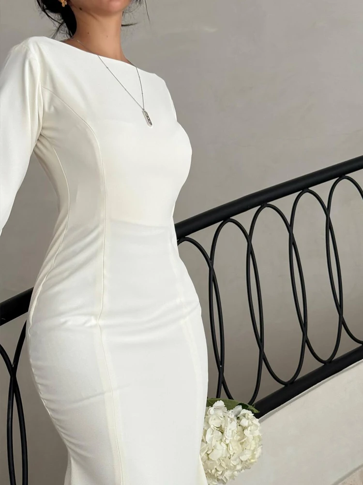 Vestido de dama de honor plisado Simple, moda, cuello redondo, manga larga, cintura alta, corte en A, temperamento elegante, ajustado, vestido envolvente a la cadera