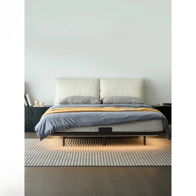 

Italian minimalist carbon steel suspended leather bed black leather art bed