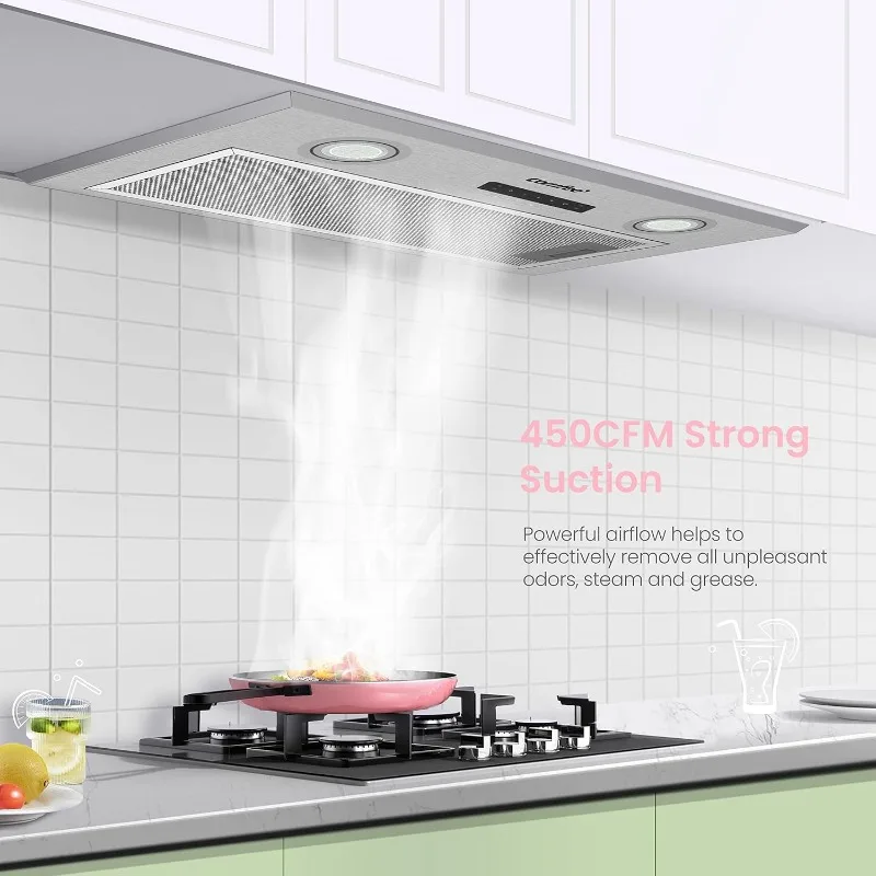 Range Hood 27 inch,Built-in/Insert Vent 450 CFM,3 Speed Gesture Sensing & Touch Control Panel, Ducted/Ductless Convertible Duct