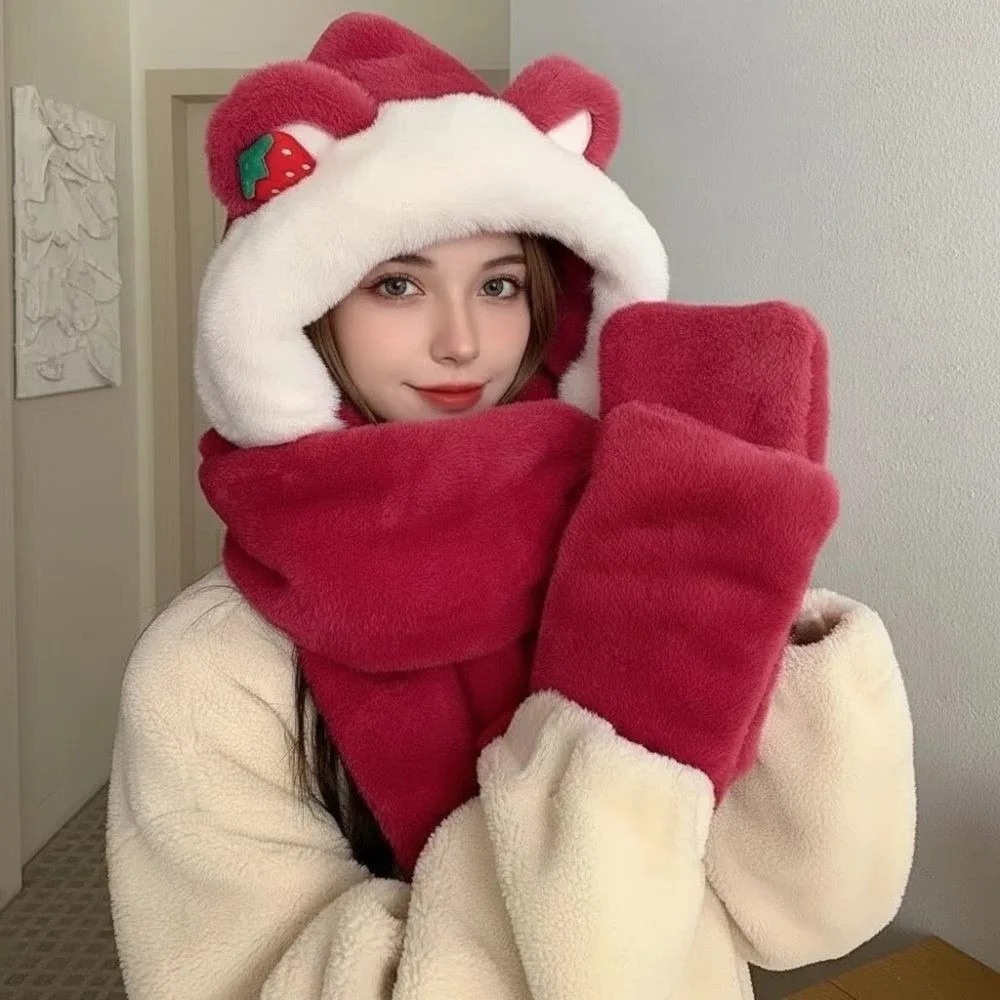 

Cute Strawberry Bear Women's Winter Hats 3-piece Set 3 in 1 Thickened Scarf Hat Windproof with Gloves Warm Hat Outdoor