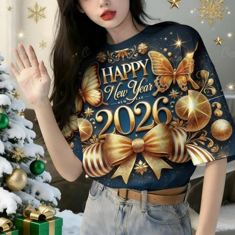 

2026 New Year Butterfly Pattern T Shirt For Women Firework 3D Printed Tees Casual O-Neck Tops Short Sleeves Oversized T-Shirts