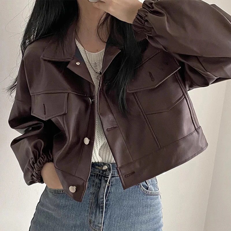 

Chic Vintage ort Loose Fit Jaet with Stand Collar Single Button for Women PU Leather Coat Sli Commute Ready Outerwear