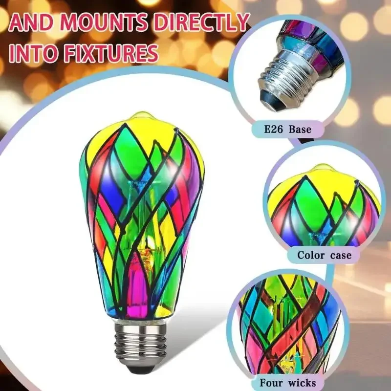 4W ST64 LED-Glühbirne, Buntglas-Glühbirne, lackiertes Glas, E26-Sockel, Mosaik-Nachtlampe, Heimdekoration, romantische festliche Atmosphäre