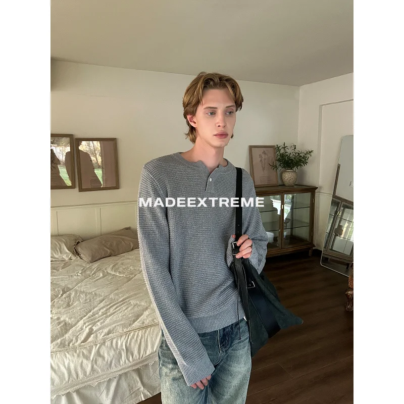 

EME Retro Old Money Waffle Small V-Neck Long Sleeve T-Shirt for Men and Women Autumn Loose Lazy Henley Collar Knitted Sweater