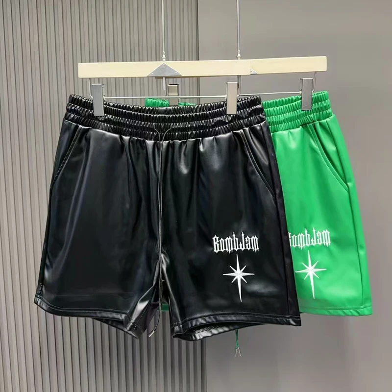 

Black Green Embroidery Star Letters Shorts Leather Shortpants Men Women Summer Beach Holiday Travel Short Pants