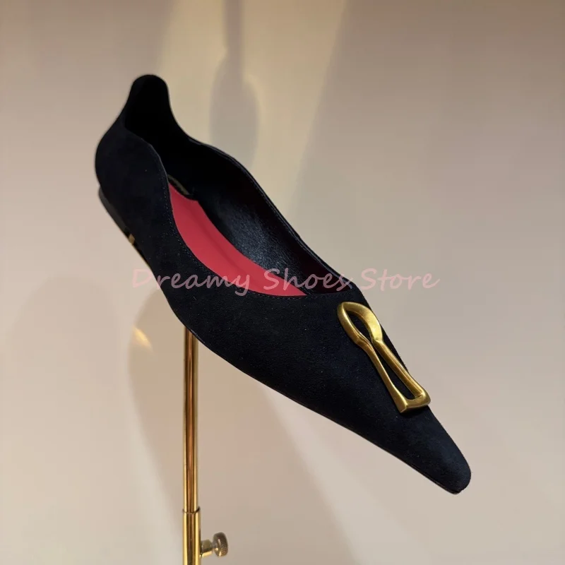 

Suede Metal Buckle Pointed Toe Flat Shoes Women Black Patent Leather Shallow Single Shoes Luxury Fashion Slip On Ladies Footwear