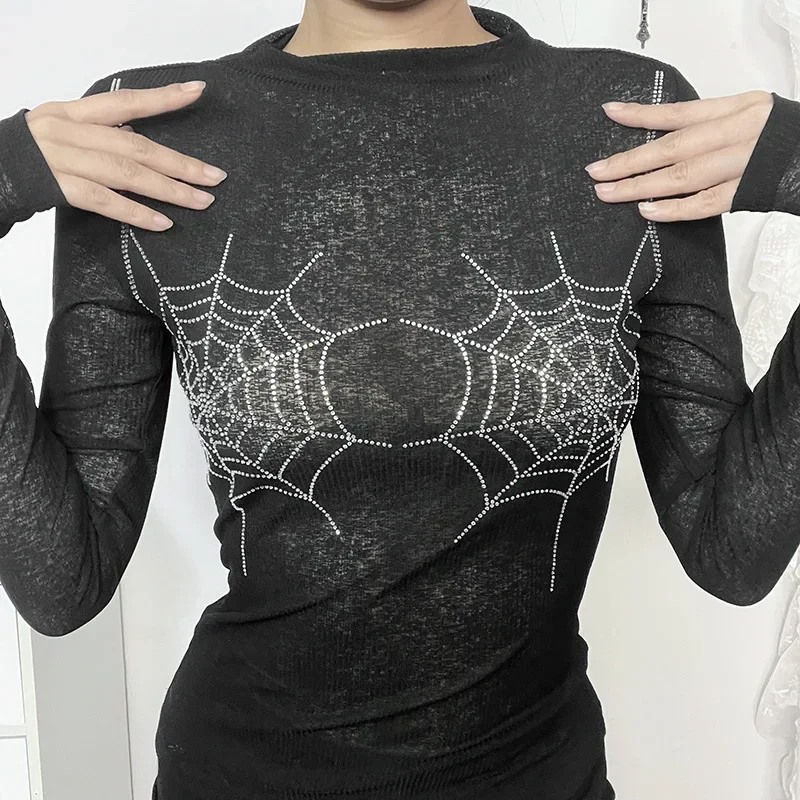 ISAROSE Mesh Tees for Women Smaller Size Slim Stretch Sequins Spider Web Autumn Long Sleeves Gothic Basic Design T-shirt Tops