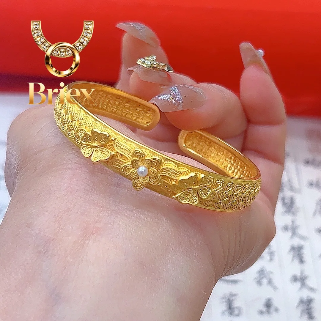 Briex Jewelry Luxury 24K 9999 Pure Gold real gold Liankai Fulai Women's Bracelet Carved Vintage Filament Open Bracelet