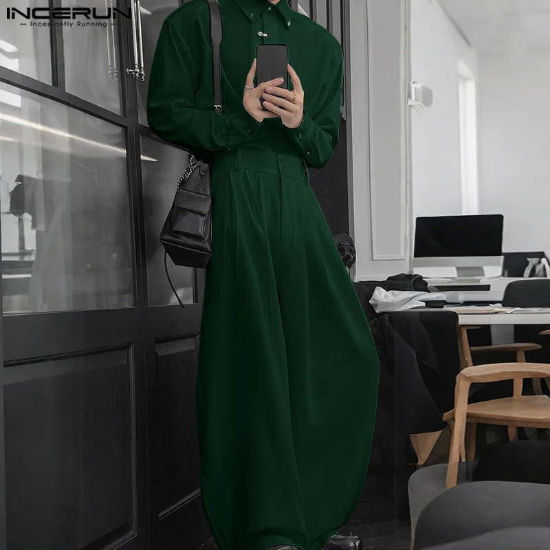 Incerun conjuntos masculinos cor sólida estilo coreano solto lapela manga longa camisa & calças 2 pçs streetwear 2025 moda casual ternos masculinos